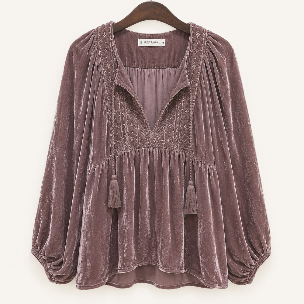 Lucky Brand Top Size L Dark Mauve Crushed Velvet Boho Soft Goth Renaissance